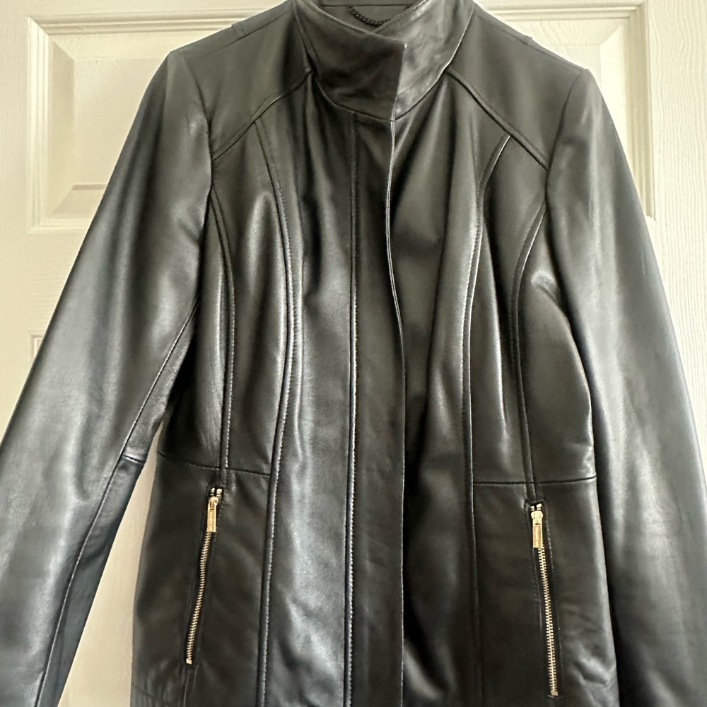 Karl Lagerfeld Black Leather Jacket with Gold Zippers